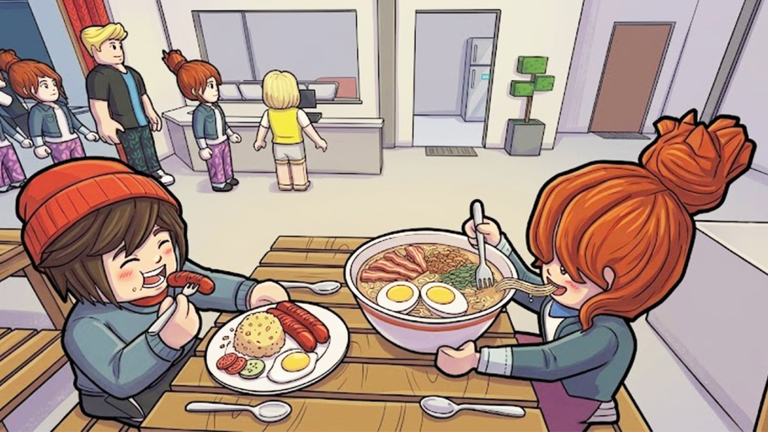 Cartoon diners eating together in official Karinderya Roblox media